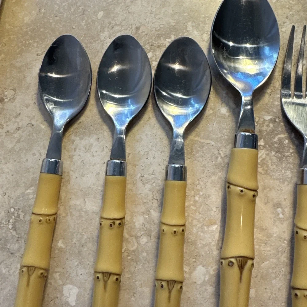 VTG 6 Faux Bamboo Plastic Handle Stainless Flatware‎ Cambridge TIKI spoons forks